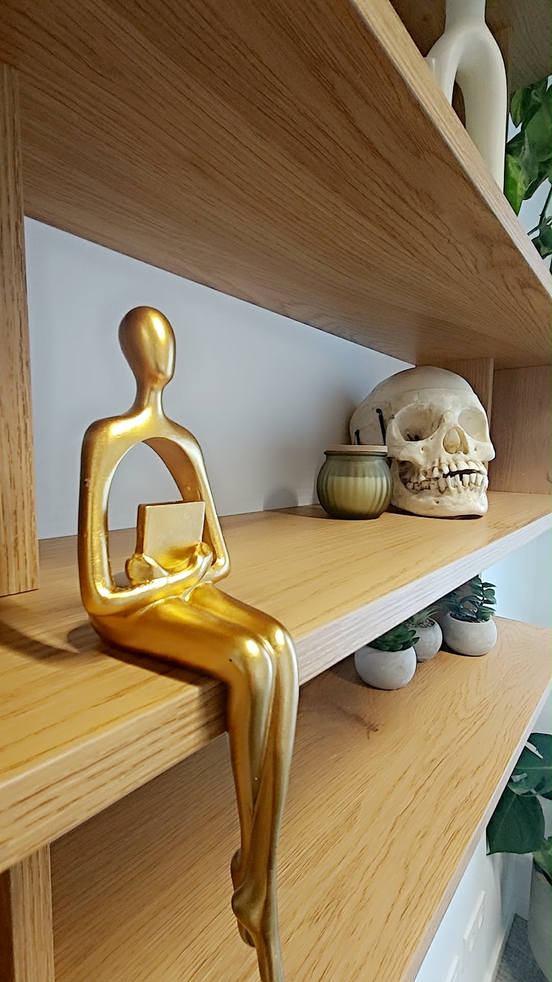 Détail décoratif : figurine dorée et crâne anatomique sur étagère